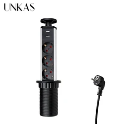 Unkas 16Aプルポップアップ3電源euソケット新ブラックカラーポートキッチンテーブルデスクトップソケット格納式カウンターフレンチプラグ