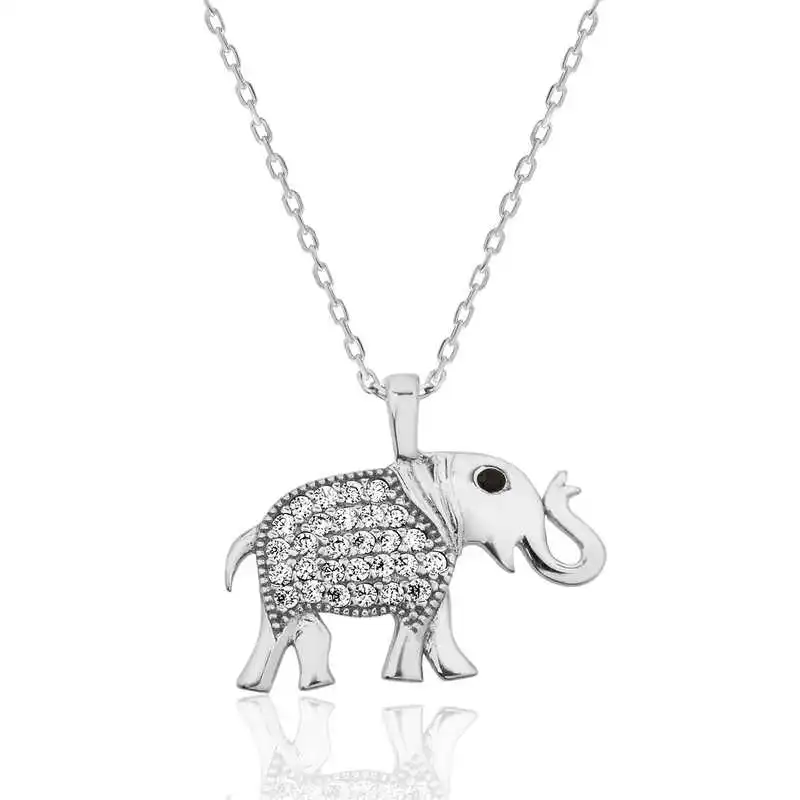 Silver Elephant Lady 'S Necklace 925 Sterling Women Fine Jewelry Wedding Party Birthday Gift - Jeweled - Box - Pendant - Chain Choker - Female - Ladies - Fashion