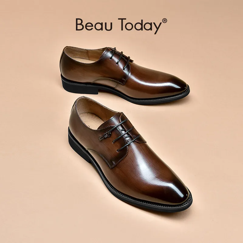 BeauToday Derby Shoes Men Genuine Cow Leather Dress Shoes Lace-Up Pointed Toe Formal Business Suit Wedding Flats Handmade 51046