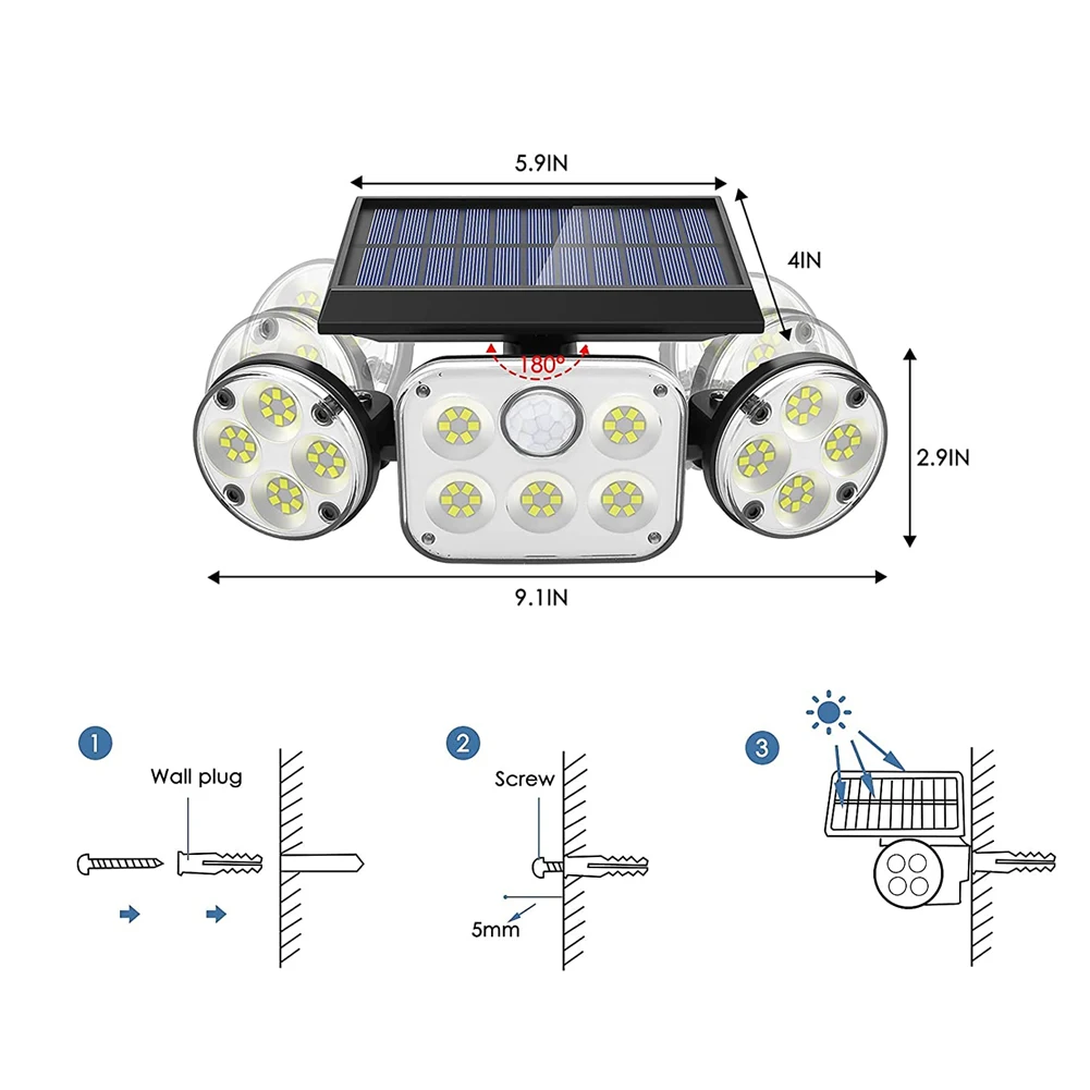 Motion Sensor LED Wall Lamp Wide Angle Waterproof 78leds Lithium Battery 6V 2400mAh High Bright Solar Led Light Outdoor