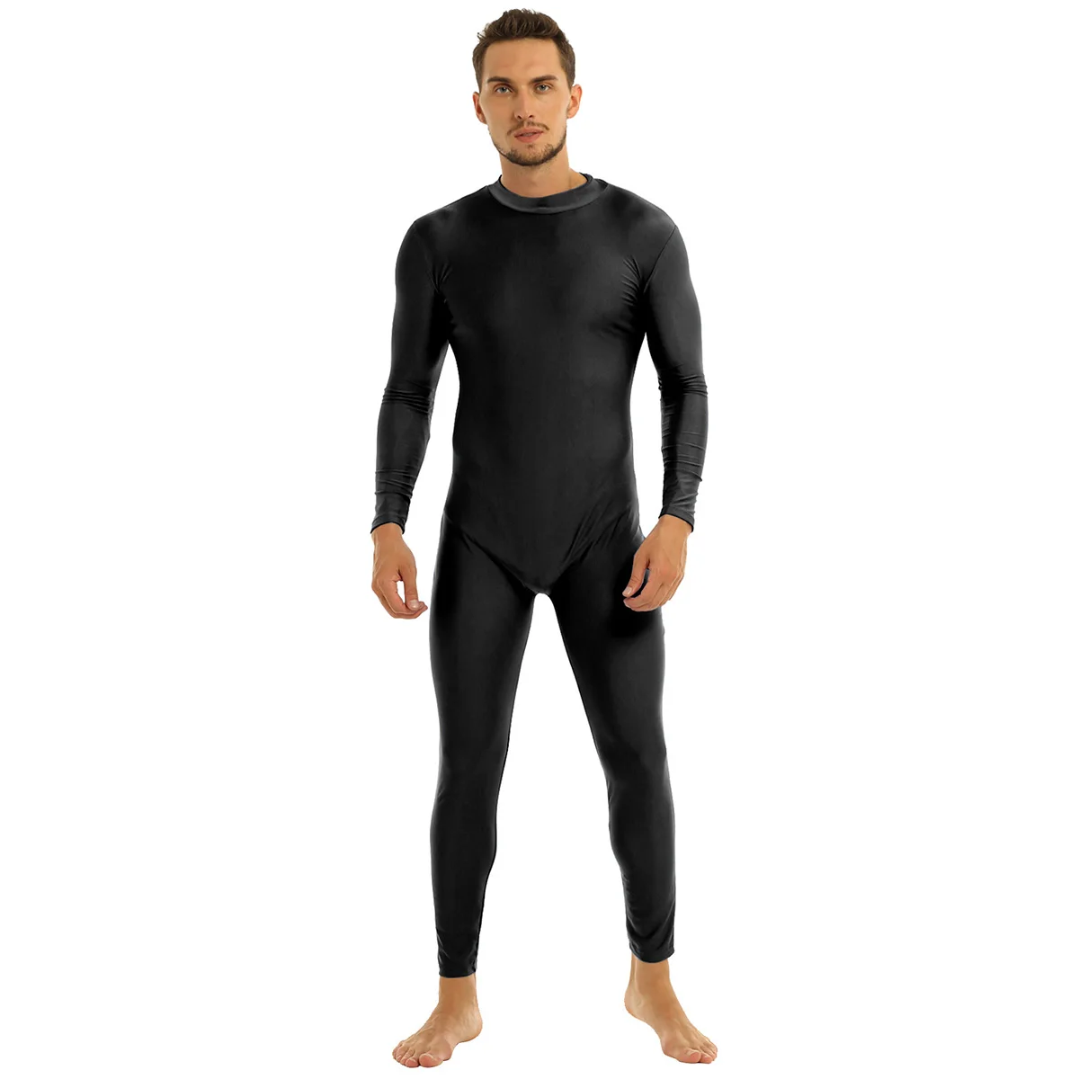 Terno preto zentai spandex masculino, unitard de manga longa, traje de bodysuit adulto ballet sem rodeio com zíper traseiro