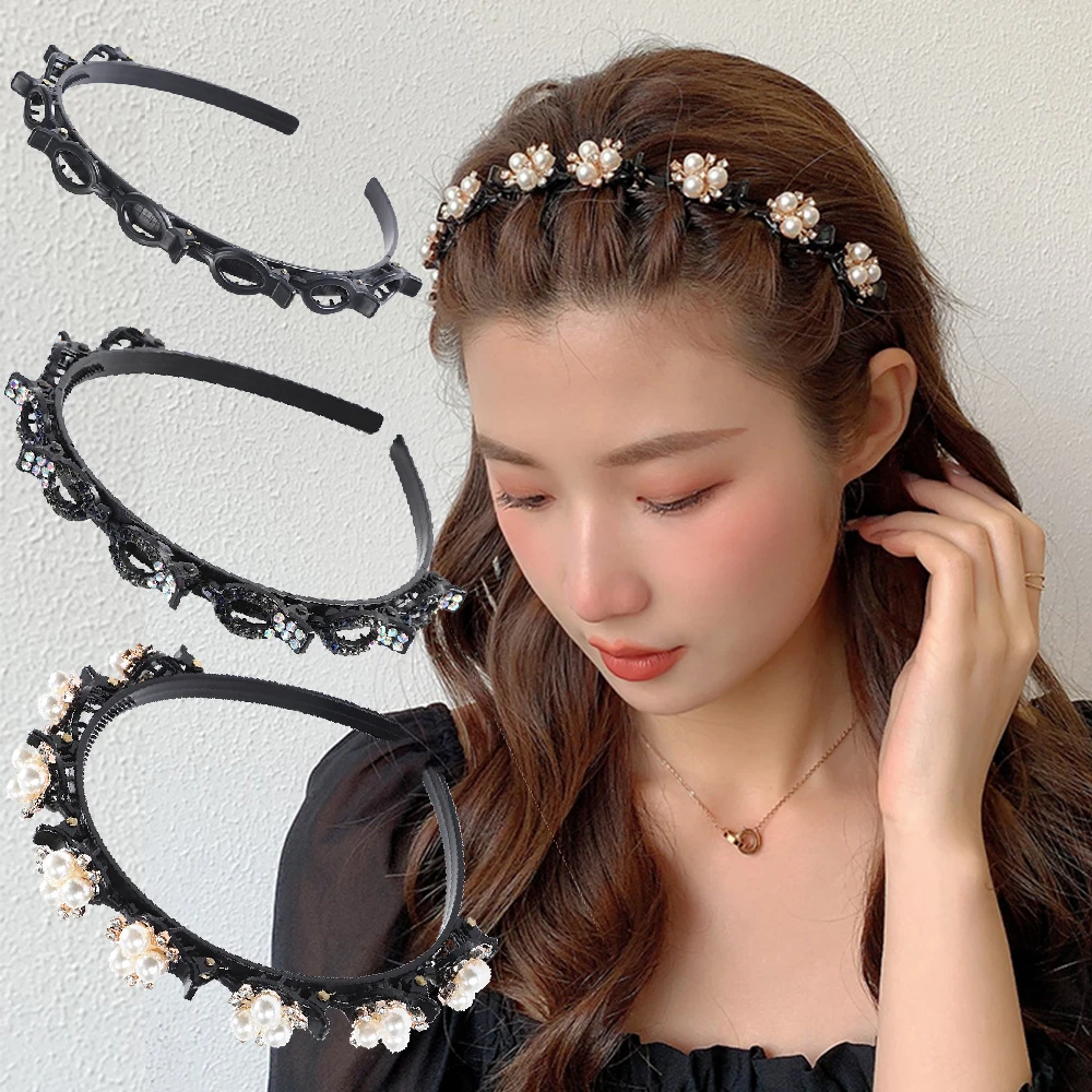 Doppelschicht Bands Clip Haarbänder Mode Kunststoff Geflochtenes Stirnband Punk Neue Stricken Damen Kopfbedeckung Haarschmuck Perle – Detail 1