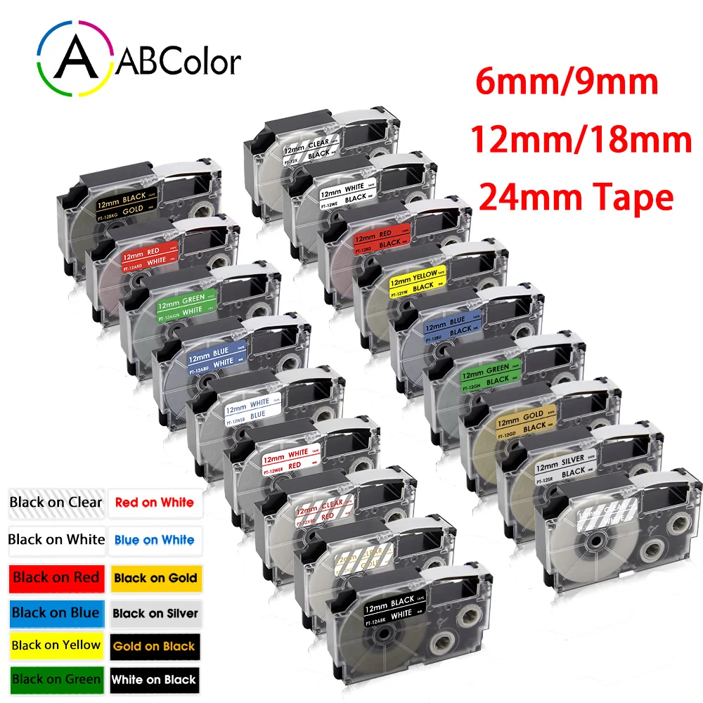 6/9/12/18/24mm Tape For CASIO XR-12WE XR-9WE XR-6WE XR-18WE XR-24WE Printer Ribbon XR 12WE XR-12YW for CASIO KL-60 Label Maker