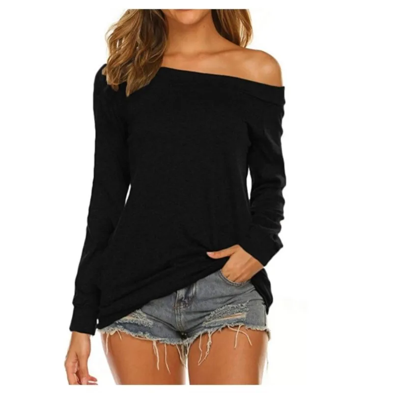Women's Short Long Sleeve Tops Off Shoulder Boat Neck Casual Stretch Basic T-Shirt Femme Clothing Comfortable Tee Black Pink