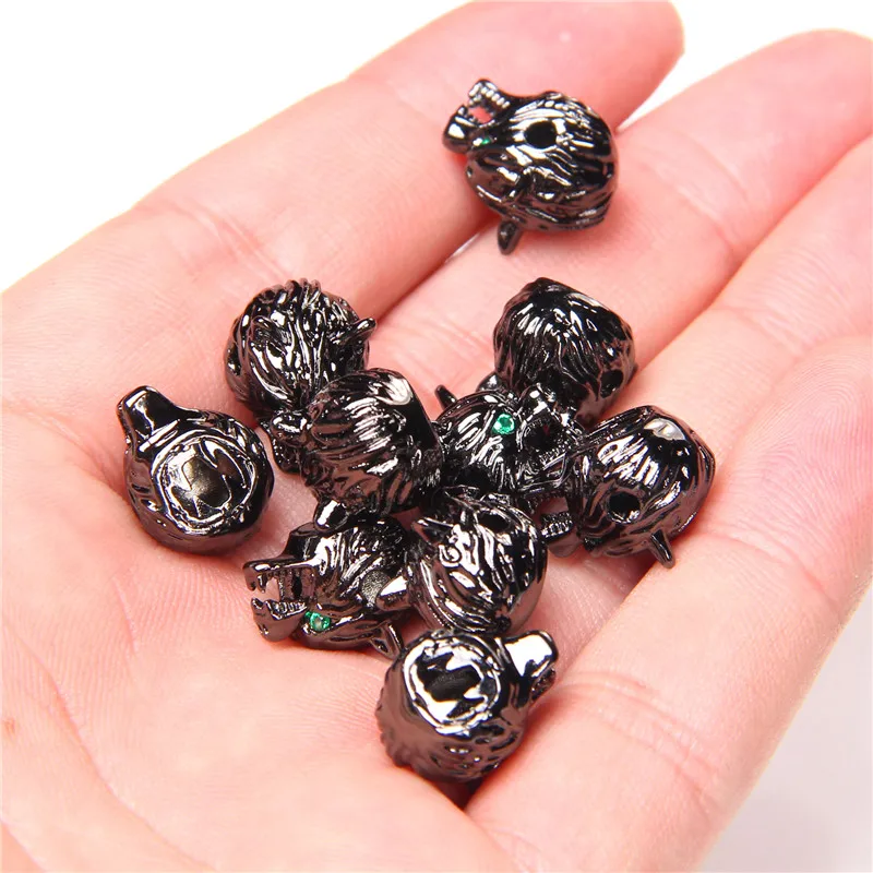 Green zircon eye animal Wolf dog head beads loose black bulk spacer accessories beads for jewelry making  finding bracelet men