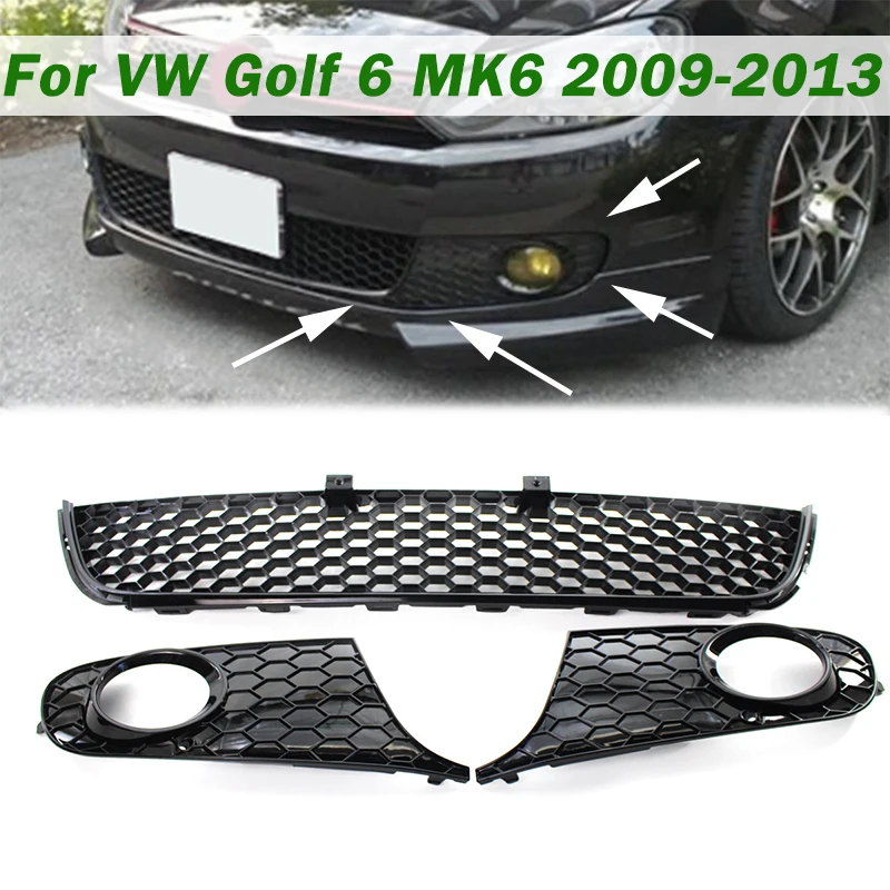 

3pcs/Set Front Bumper Lower Center Grille Mesh Racing Grill Fog Light Cover For VW Golf 6 MK6 Non-GTI 2009 2010 2011 2012 2013