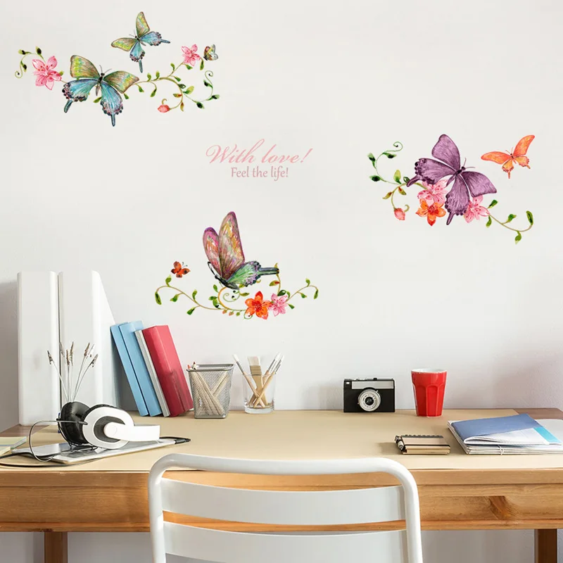 Butterfly Flower Vine Wall Stickers Living Room Showcase Door Home Decoration Art Decals Background Butterflies Removable Mural