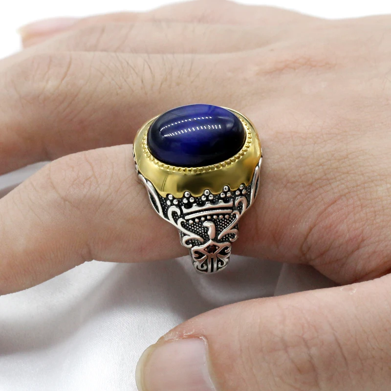 Vintage Antique Silver Color Rings Blue Tiger\'s Eye Opal Stone Carve for Women Men Bohemian Jewelry Halloween Man Finger Rings