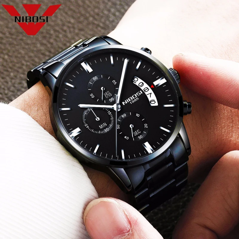 NIBOSI-homens de aço inoxidável impermeável cronógrafo relógios de pulso, relógio quartzo, relógios esportivos, marca top, moda luxo