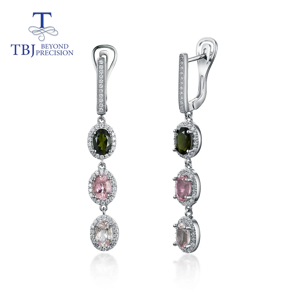 Long style clasp earring with natural multi-color tourmaline 925 sterling silver fine jewelry for girl nice gift tbj promotion