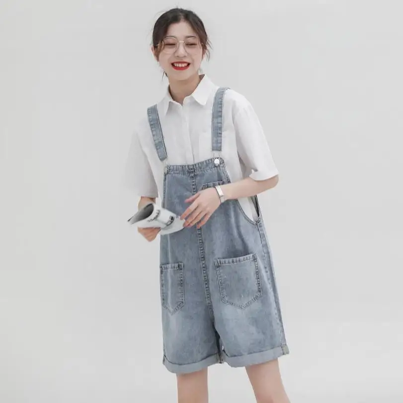 

2021 Women Spring Summer Korea Denim Overalls Shorts Loose High Waist Pocket Cowboy Rompers Female Jean jumpsuit Shorts w255