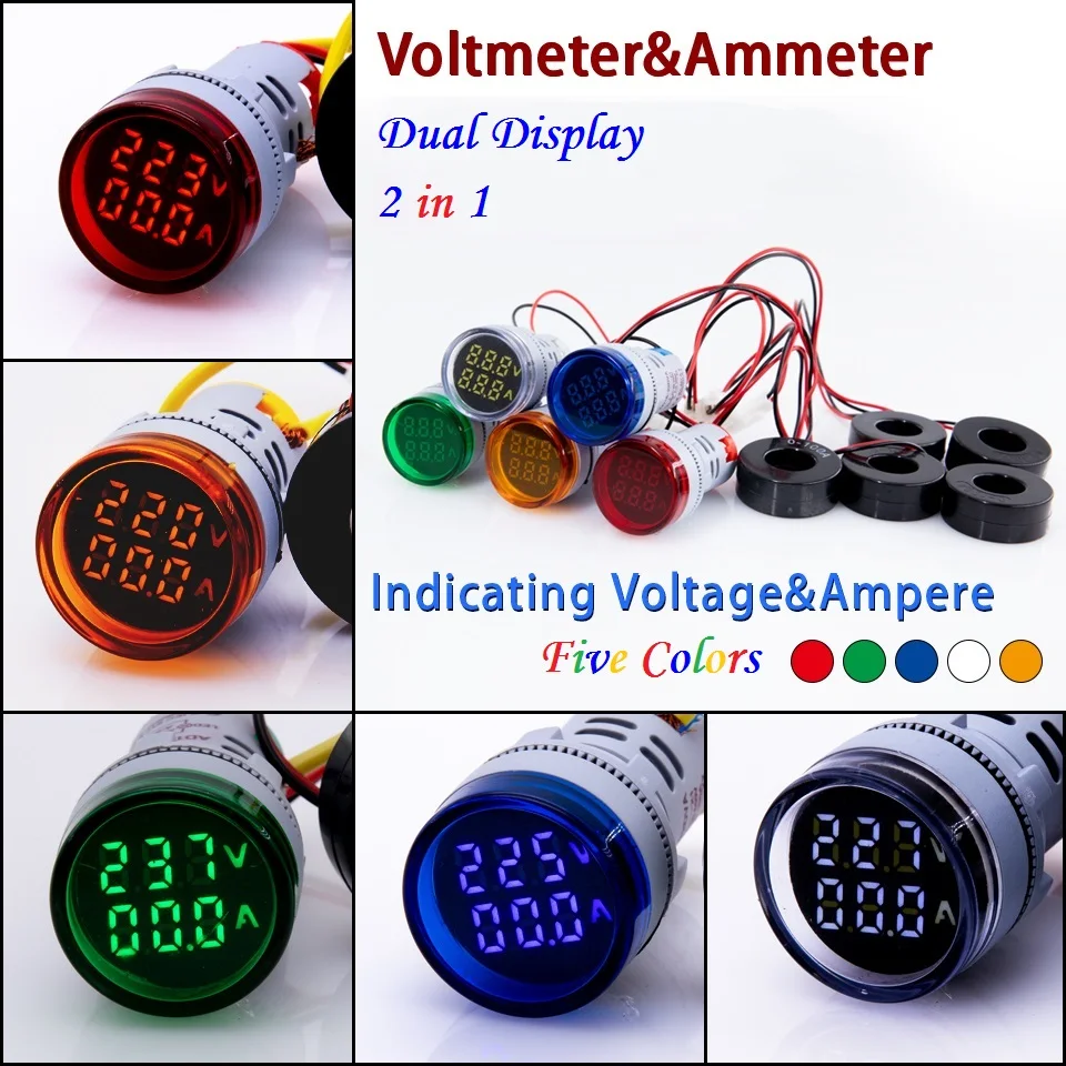 2in1 22mm round Mini Digital Voltmeter AC50-500V 0-100A Amp & Voltmeter Ammeter Voltage Current Meter with CT New