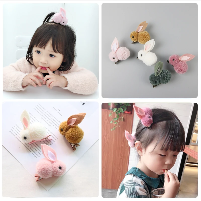 Pinza de pelo de conejo con bola de pelo para niña y niño, horquillas de animales, accesorios para el cabello simples de Corea, pasador para la