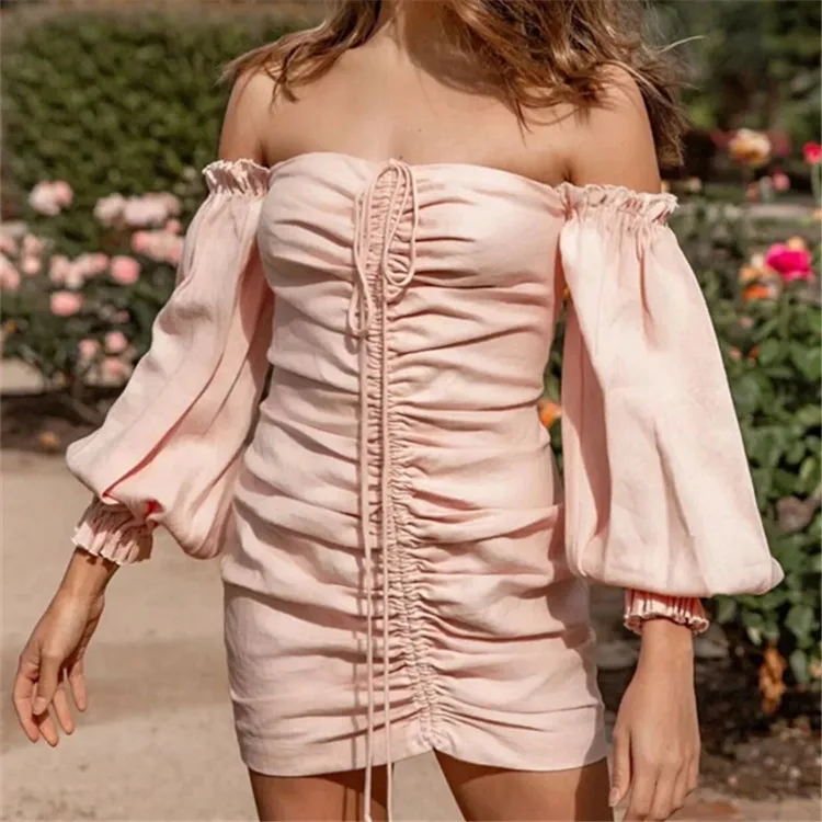 2020 Newest Autumn Long Sleeve Slash Neck Dresses Sexy pleated drawstring sweet pink off-the-shoulder puff sleeve dress skirt