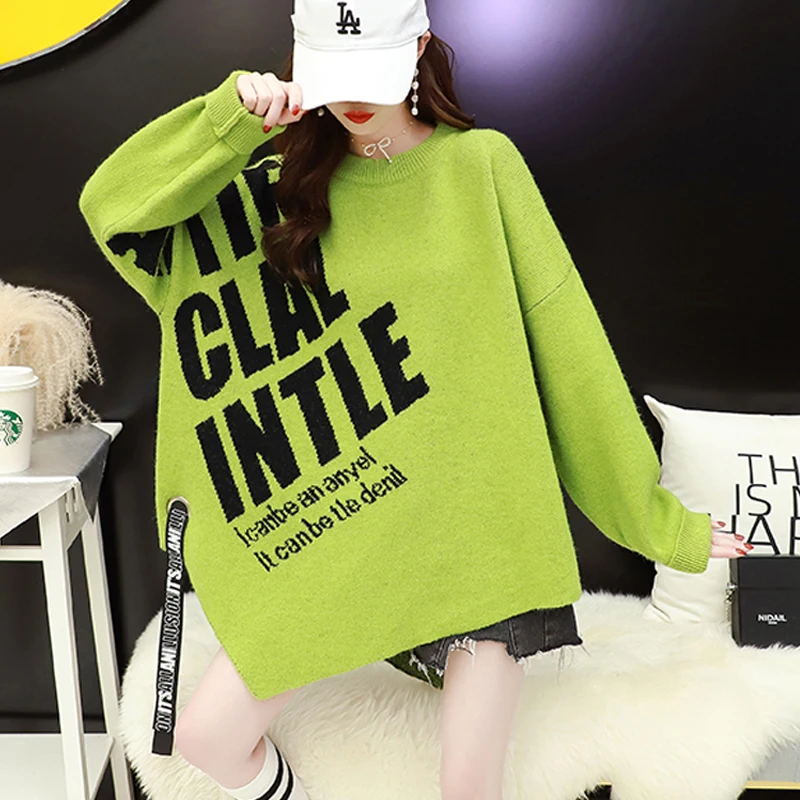 ins fashion letter irregular pullover sweater women round neck 2021 new Korean style outer wear hip-hop style knitted sweater