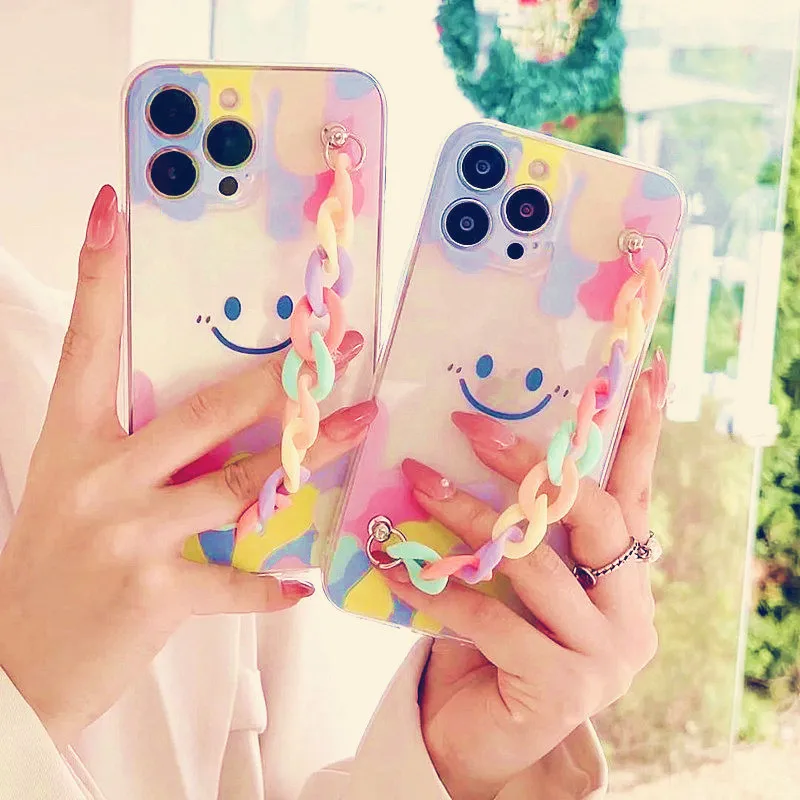 Smiley Rainbow Chain Rope Square Case For Realme 5 6 7 8 Pro 4G 5G 5i 6i C2 C3 C21Y C21 C20 C17 C15 C11 X7 V11 V15 GT Soft Cover