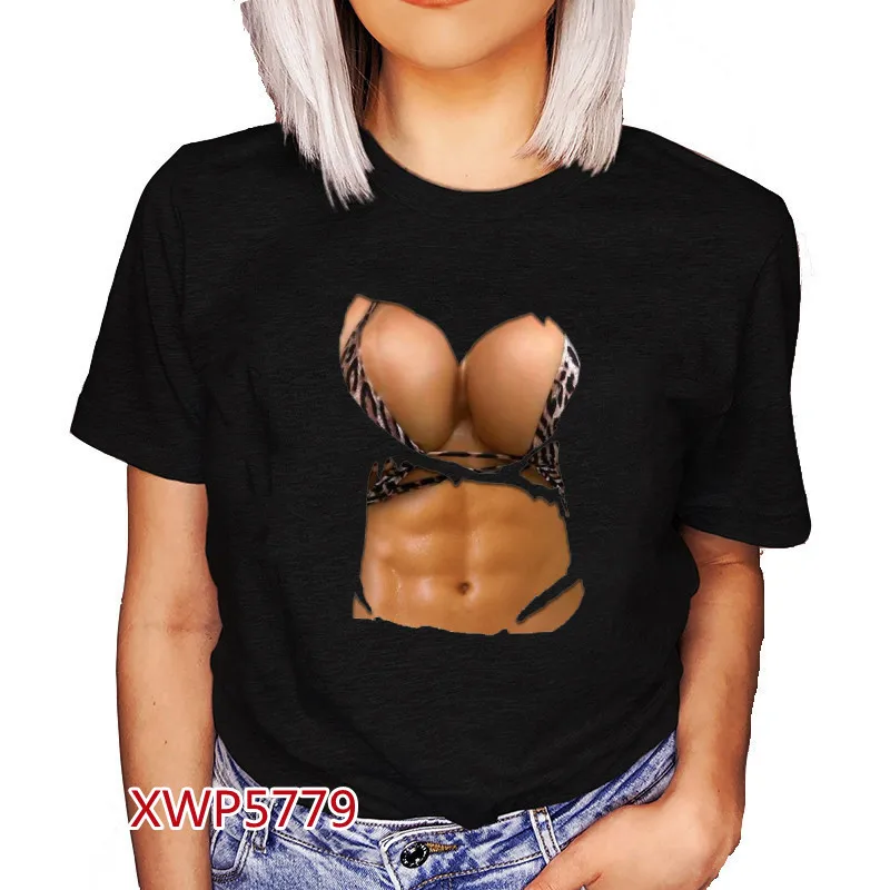 Big Boobs Stomach Women T-shirts Funny Print Punk Clothes Muscles Graphic Black Tees Aesthetic Y2k Tops Female T Shirt Camiseta