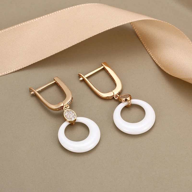 Fashion 585 Rose Gold Ceramic Crystal Wedding Earrings For Women Round Black White Ceramic Rose/White Gold Engagement Earring