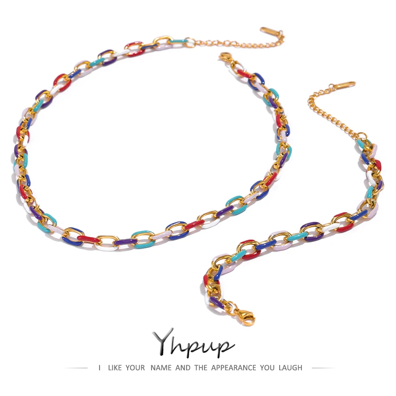 Yhpup Rainbow Enamel Chain Necklace Bracelet Set 316L Stainless Steel 18 K PVD Plated Set Waterproof Jewelry Y2K Party Gift