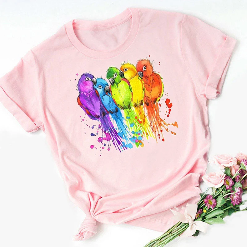 Rainbow Parrot Animals Cartoon Print T Shirts For Women Clothes Funny  T-Shirt Summer Tops Harajuku Streetwear T Shirt