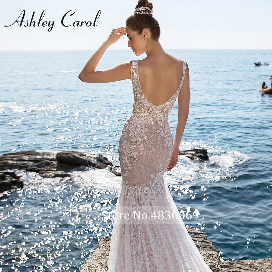 أشلي كارول حورية البحر فستان الزفاف رومانسية عارية الذراعين يزين مطرز الخامس الرقبة بلا أكمام ثوب الزفاف فساتين العروس الساطعة #6