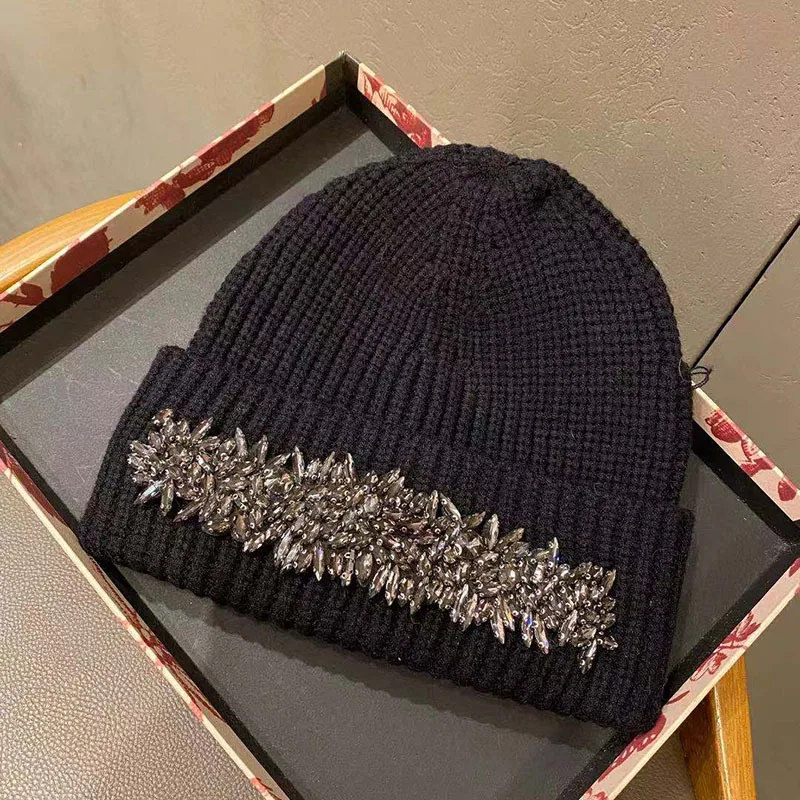 Gorros con diamantes de imitación para mujer, gorro de punto elástico, gorros de esquí, gorros cálidos para mujer, Otoño e Invierno