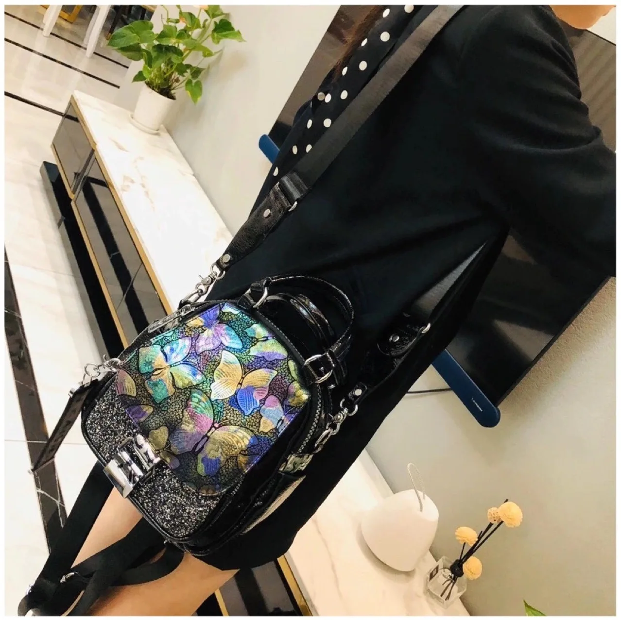 Women Vegan Leather Butterfly Small Size Backpack Female PU Leather Rhinestone Multi-pockets Travel Convertible Handbag Daypack