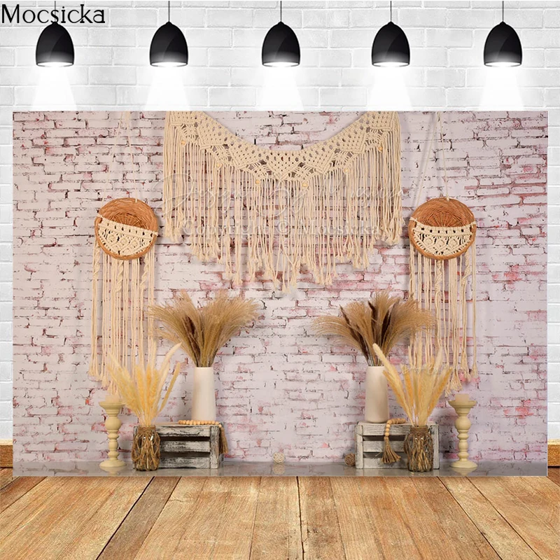 Mocsicka Boho Style Photography Background Reed White Brick Wall Decoration Props Child Birthday Portrait Photo Backdrop Banner