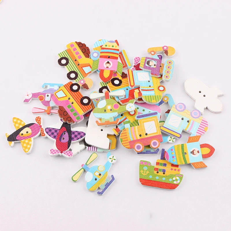 50pcs/lot Cute Cartoon Car Airplane Color Wooden Buttons for Sewing DIY Scrapbooking Accessories Decorative Buttons for Crafts