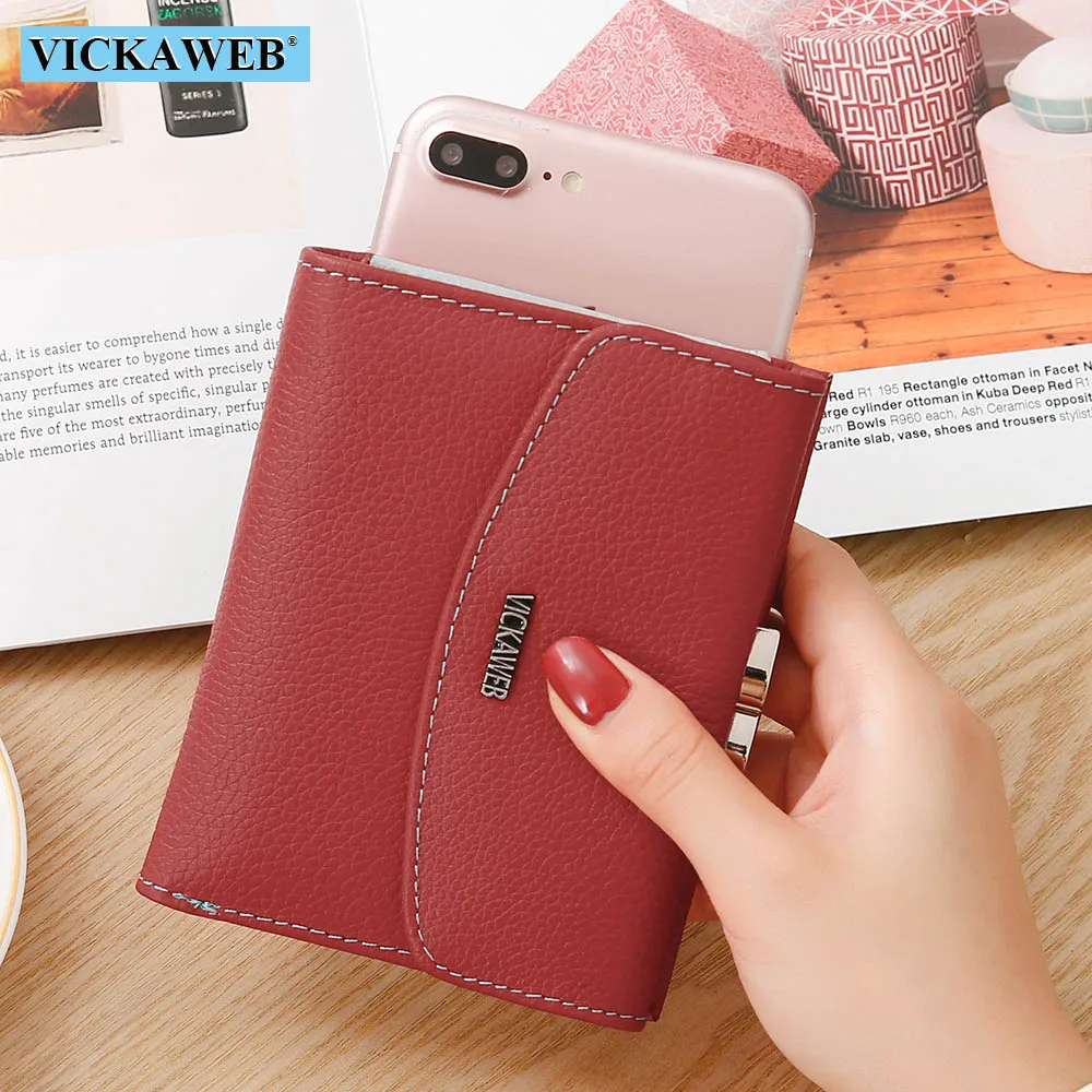 Vickaweb carteira feminina pequena de couro genuíno, carteira colorida feminina, carteiras femininas da moda, bolsas de dinheiro com fecho, bolsa de mão feminina