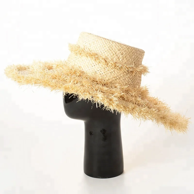 RH New Handmade Natural Grass Hat Flat Top Wide Brim Sun Beach Raffia Straw Hat With Tassel Decoration