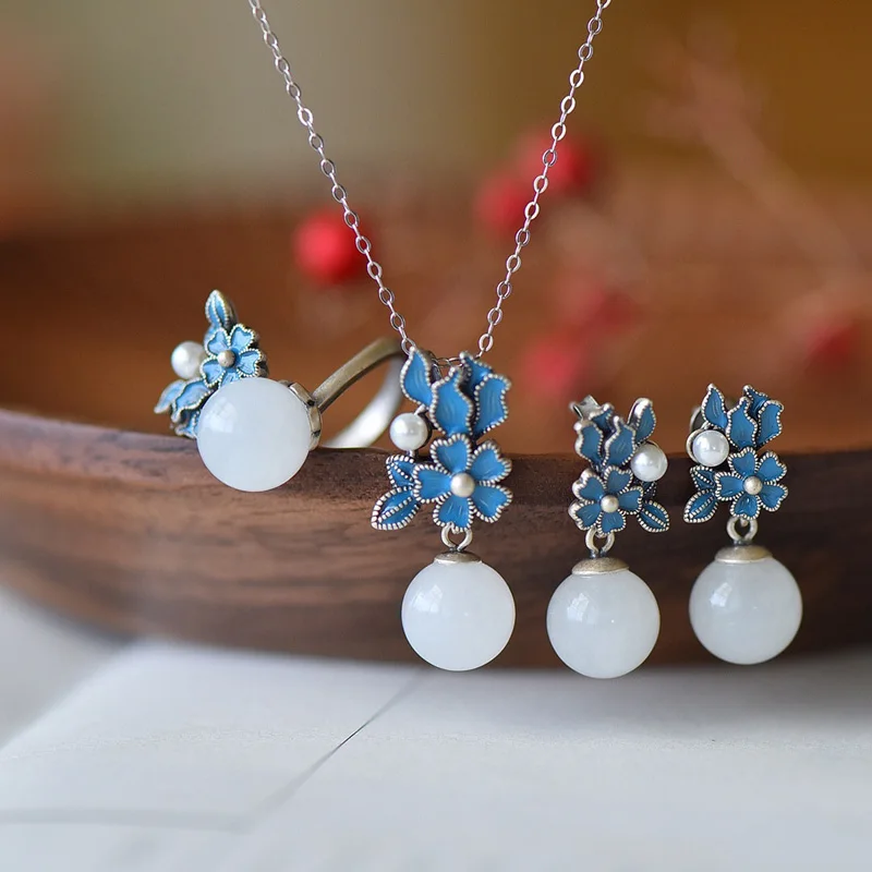 KOFSAC 925 Silver Necklace Ring Earrings Set Jewelry Women Vintage Flower Blue Crystal White Bead Lady Anniversary Accessories