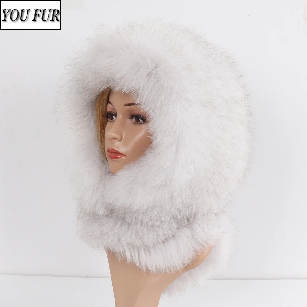 

New Arrival Lady Real Fox Fur Hat&Scarf Winter Warm Fluffy Natural Fox Fur Hats&Scarves Women Knitted Genuine Fur Hooded Muffle