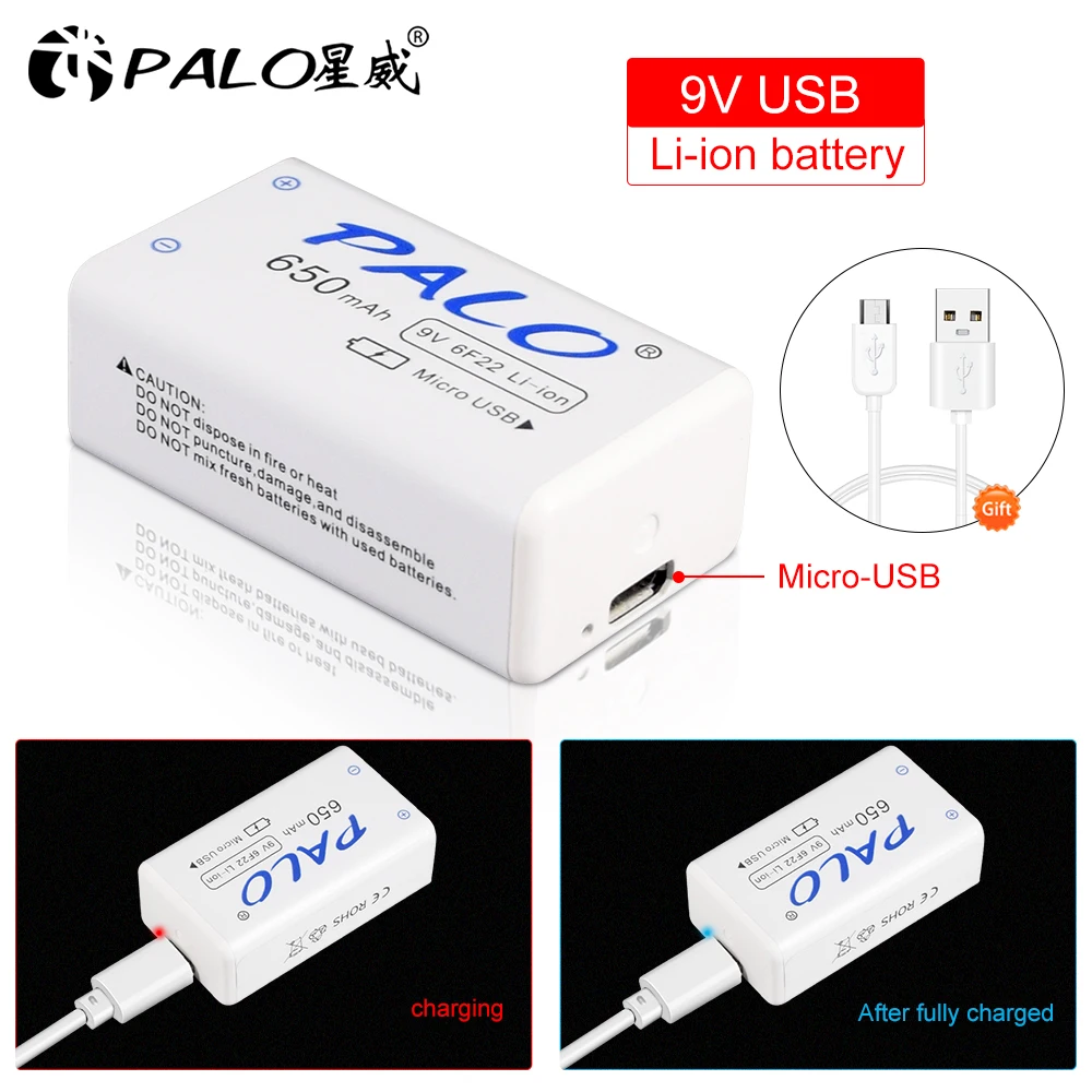 PALO 9V USB Lithium Battery 650mAh 6F22 Li-Ion Rechargeable Batteria 9 Volts for Toys Massagers Multimeters Guitar