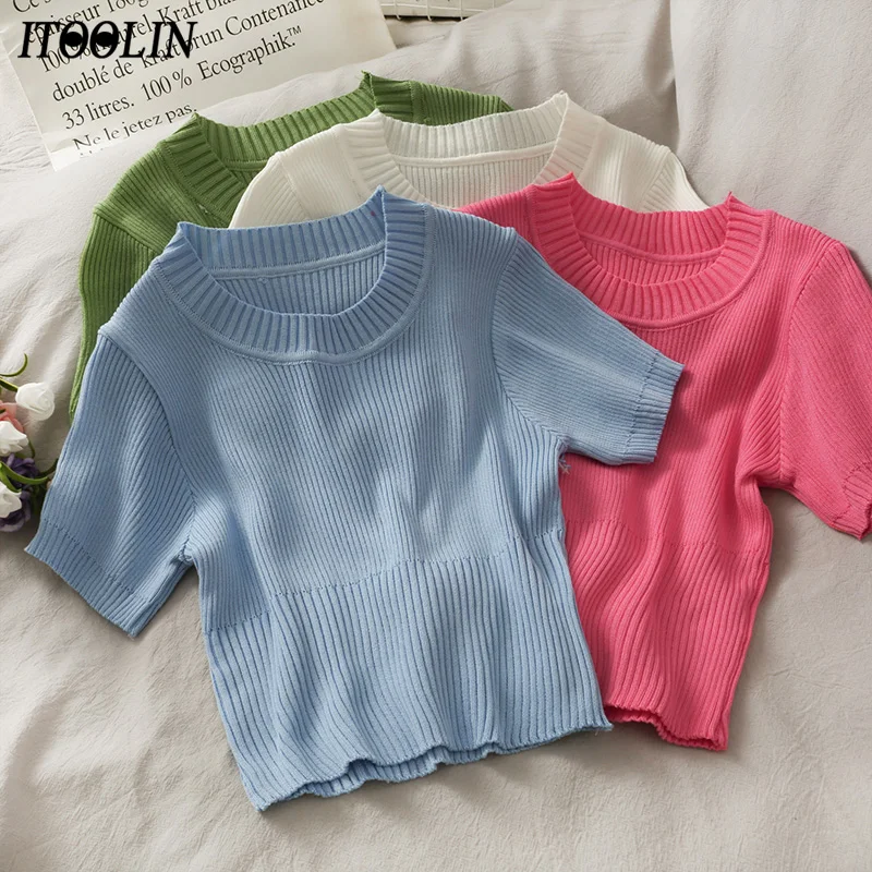 ITOOLIN O-Neck T-shirts Woman Short Sleeve Knitted Top Cropped Slim Ribbed Tshirt Femme Solid Slim Tees 2021  All-Matched