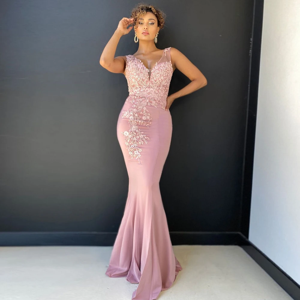 Pink Mermaid Evening Dresses 2021 Simple V-Neck Lace Applique Prom Gowns Elegant Satin Black Custom Party Dress robes de soirée