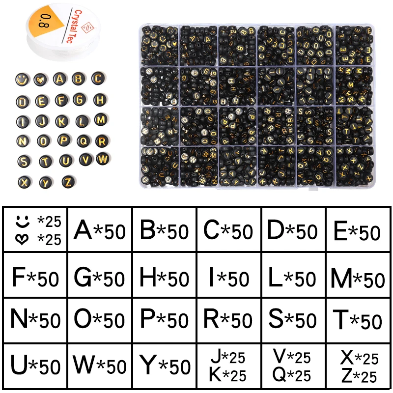 1 duże pudełko 7mm czarne złoto kolor list akrylowe koraliki 24 komórki z pakietem 0.8mm elastyczna lina do tworzenia biżuterii DIY bransoletka