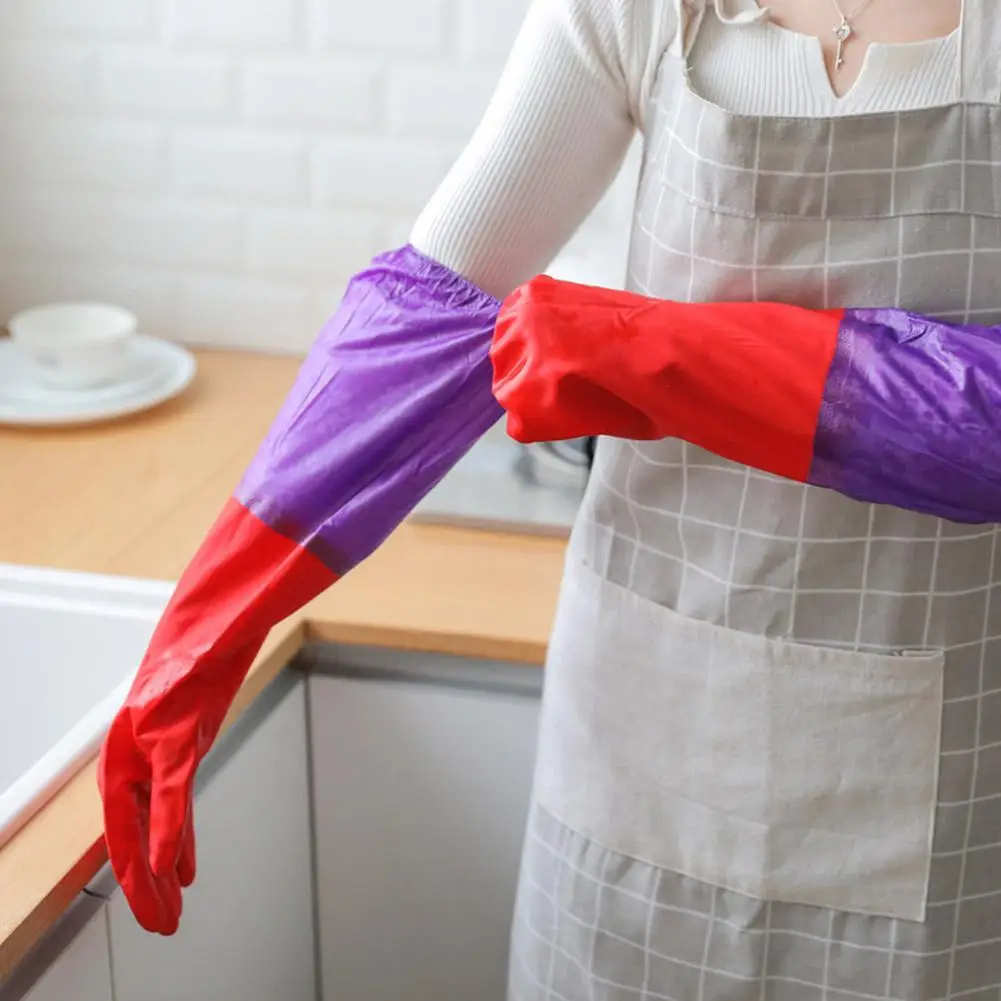 1Pair Long Rubber Velvet Household Gloves Dishwashing Rubber Waterproof Antiskid Thicken Warm Gloves Scrubber Kitchen Cleaning