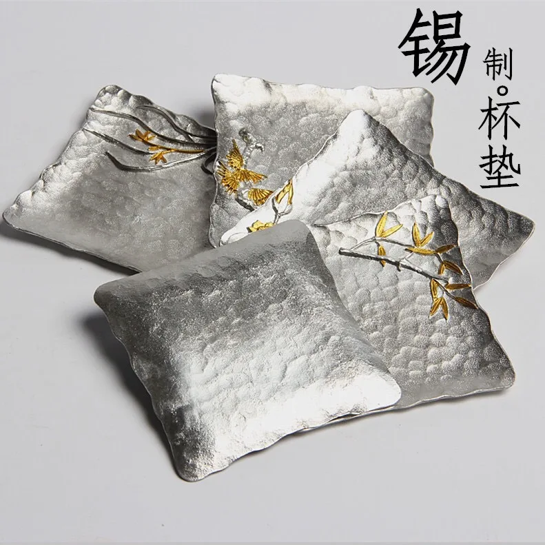 Pure tin coasters, metal cups, Japanese-style thermal insulation, four-sided creative saucer tea ceremony accessories