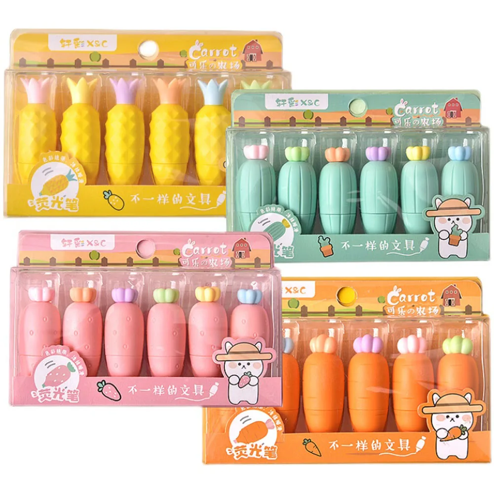 

6 Pcs/Box 6-Color Fruit-Shaped Mini Highlighter of carrot & Pineapple & Strawberry & Cactus