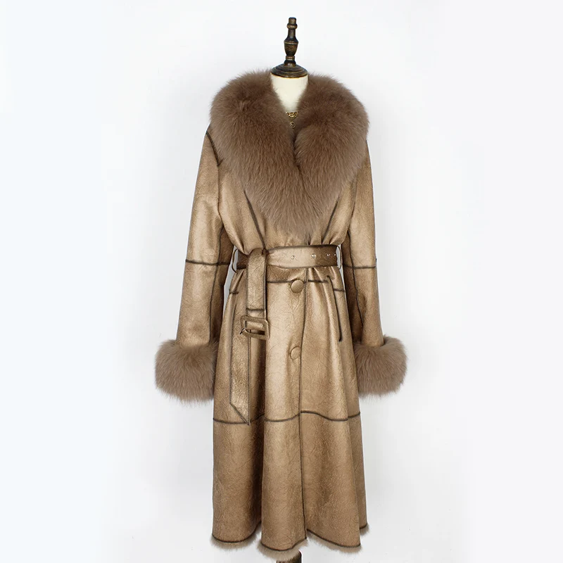 MENINA BONITA Winter Women Long Genuine Leather Coat Natural Fox Fur Collar Real Rabbit Fur Liner Belt Slim Trench New Outerwear