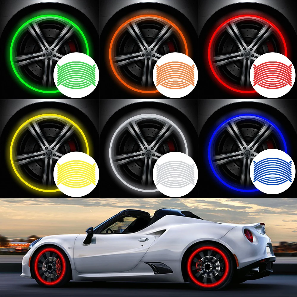 Reflective wheel rim stickers 10-12-18 inch, 16 PCs, for car, motorcycle, scooter, moped, bike