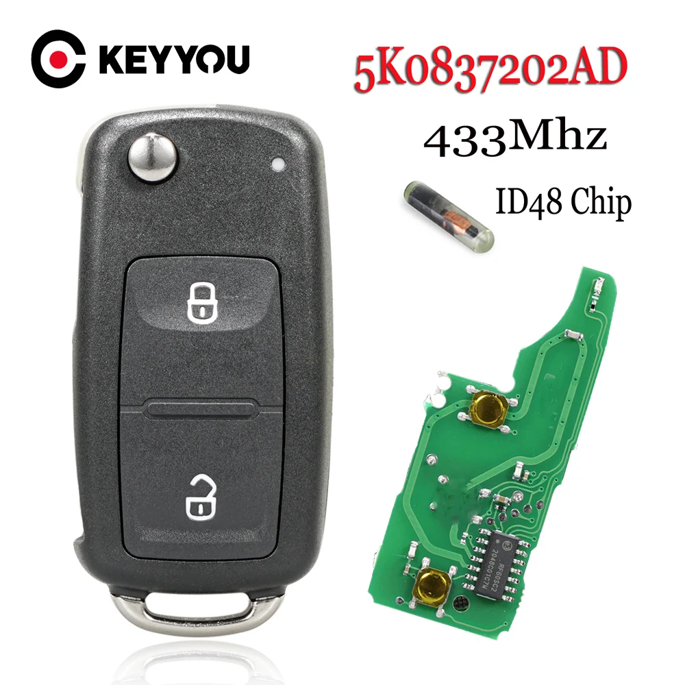 KEYYOU 2 Buttons Remote Key For VW Volkswagen GOLF PASSAT Tiguan Polo Jetta Beetle 5K0 837 202AD 5K0837202AD 433MHz ID48 Chip