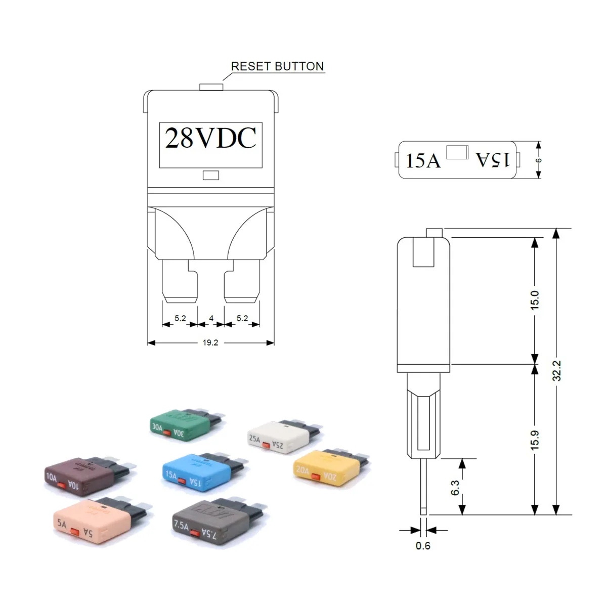 5AMP 7.5AMP 10AMP 15AMP 20AMP 25AMP 30AMP  28V DC CIRCUIT BREAKER TRIP FUSES STANDARD BLADE FUSE MANUAL RESET