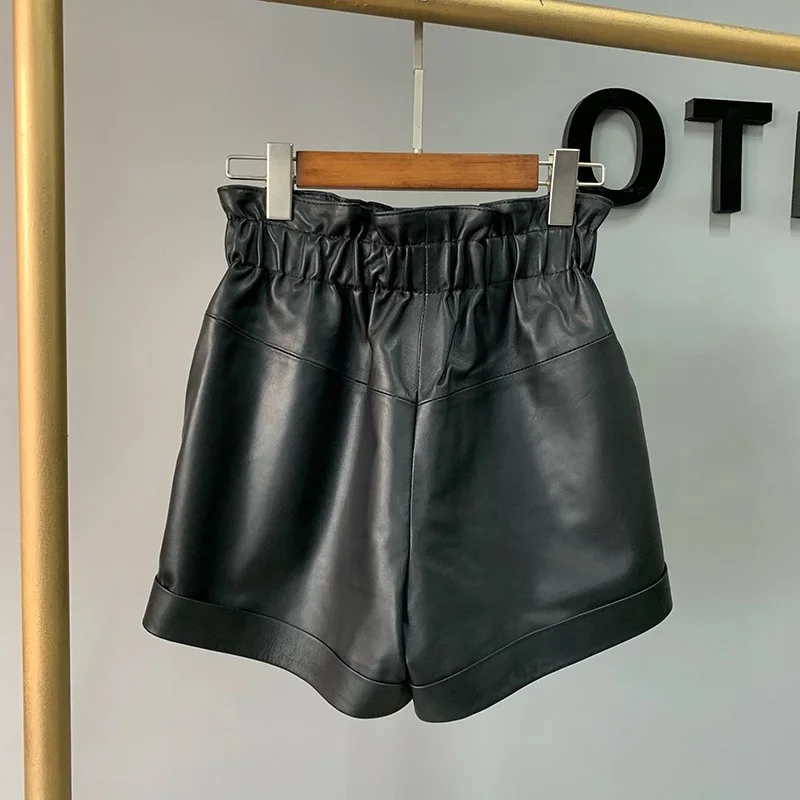 High Autumn Waist Genuine Leather Shorts Women Loose Fit Straight Shorts Natural Real Sheepskin Wide Leg Casual Shorts Female