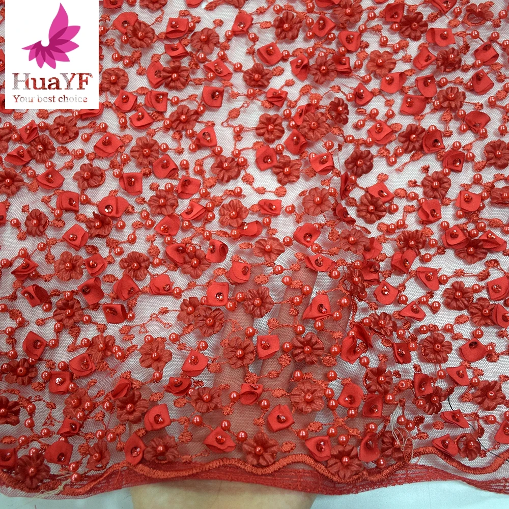 Luxury Red Heavy 3D Flower Mesh Lace HandWork Beaded Tulle Fabrics For Wedding Dress HY1049