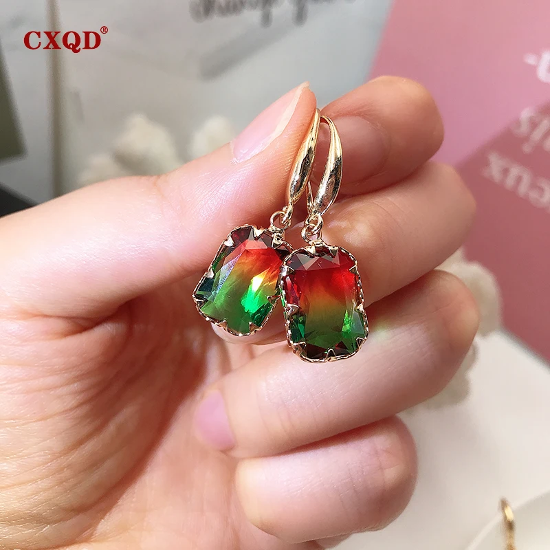 CXQD Fashion Colorful Shiny Transparent Rectangular Dangle Earrings for Women Vintage Crystal Eardrop Statement Wedding Jewelry