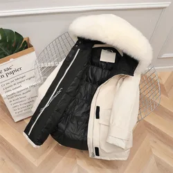 Fashion Oversize Hooded Chic Coat 2021 Winter Casual Loose Big Pocket White Duck Down Jacket Women Medium Long Fox Fur Collar