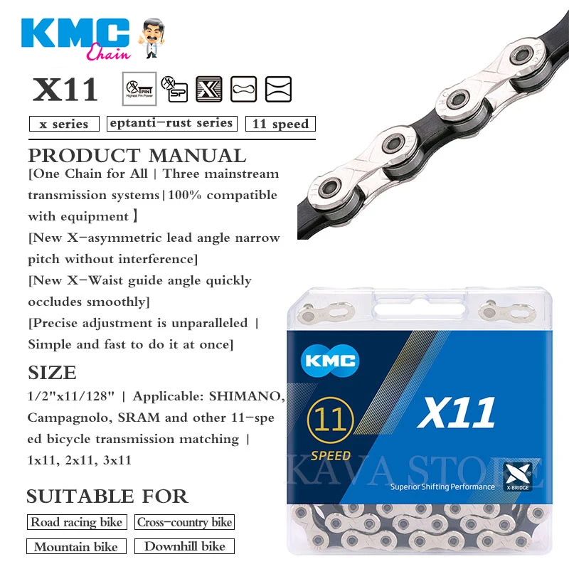 KMC X9 X10 X11 Bicycle Chain 116 Links MTB Road Bike Chain for SRAM 9s 10s 11 Speed Silver-Gray Bike Chains 9v 10v 11v