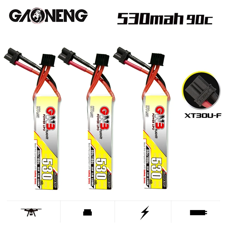 

1-10PCS Gaoneng GNB 3S HV 11.4V LiPo Battery 530mAh 90C/180C XT30U-F Plug For RC Helicopter Quadcopter FPV Racing Drone Parts